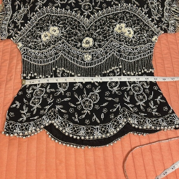 VTG Black Tie By He Ro Industries Sequin Beaded Floral 100% Silk Blouse Sz Small - Picture 9 of 16